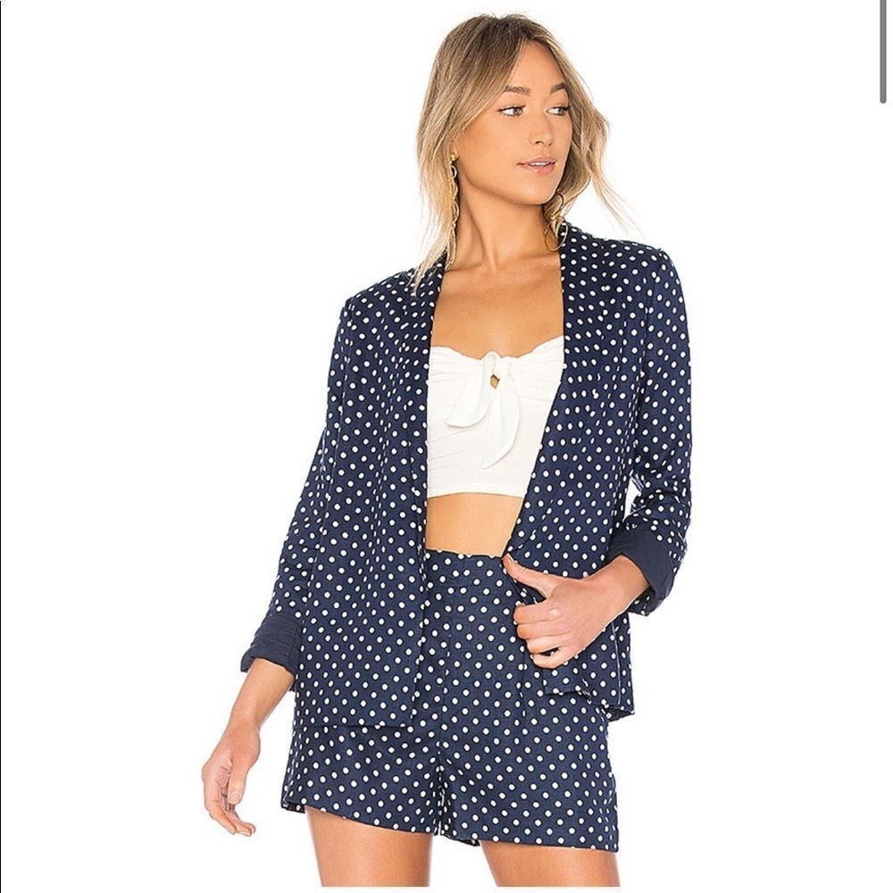 L’ACADEMIE Polka Dot Linen Blazer Medium Navy Blue White Boyfriend Open Front